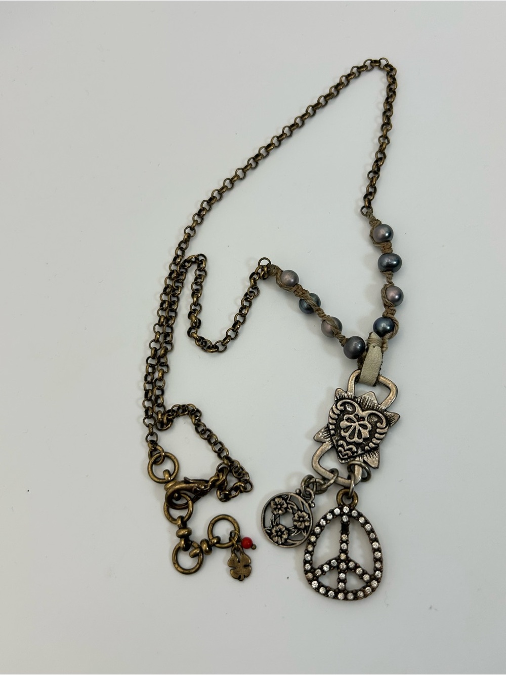 Lucky Brand Vintage Peace Sign Charm Necklace Macrame Beaded Antiqued Bronze 22" - Picture 8 of 15